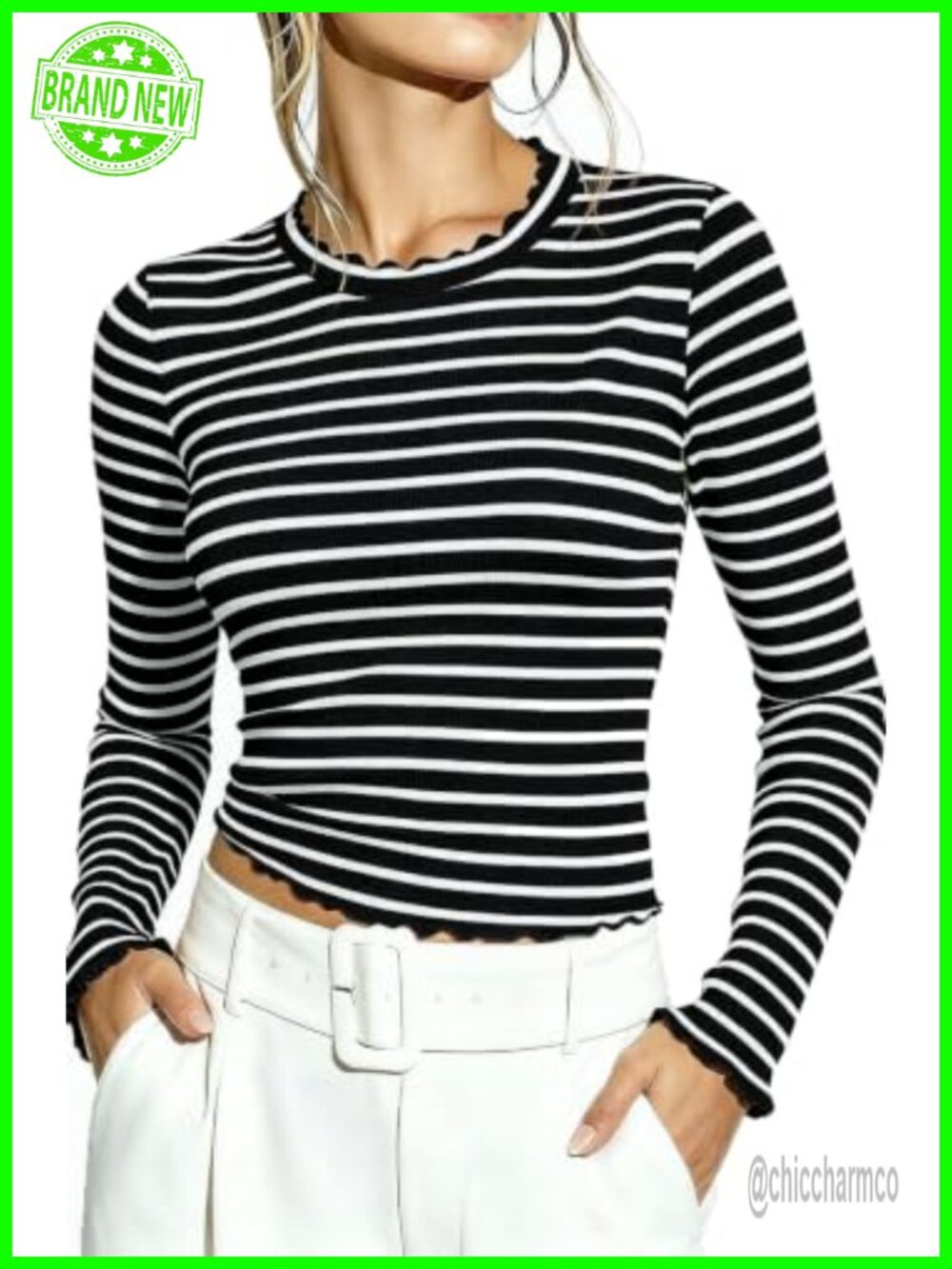 Womens Long Sleeve Striped T-Shirt Crew Neck Ruffle Slim Fit Casual Top